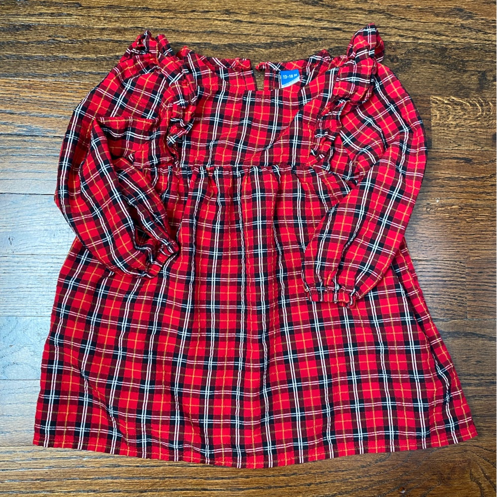 12-18m baby girl holiday dress red Plaid Long Sleeve ruffle button back texture